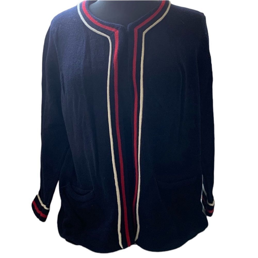 Talbots Red, White, and Blue Open Front Cardigan